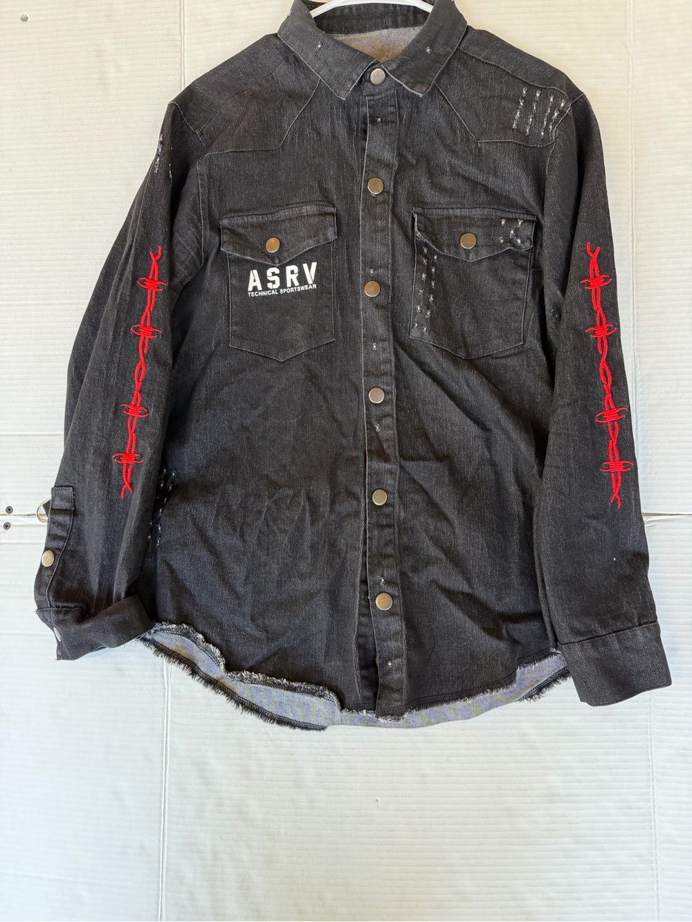ASRV Black Button-Up Shirt Jacket with Red Sleeve Embroidery